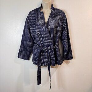 Banana Republic Blazer Jacket 10 Silk Cotton Satin Wrap Belted Blue Striped